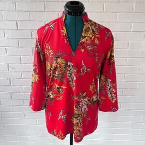 Vintage 70s red polyester blouse with floral pattern